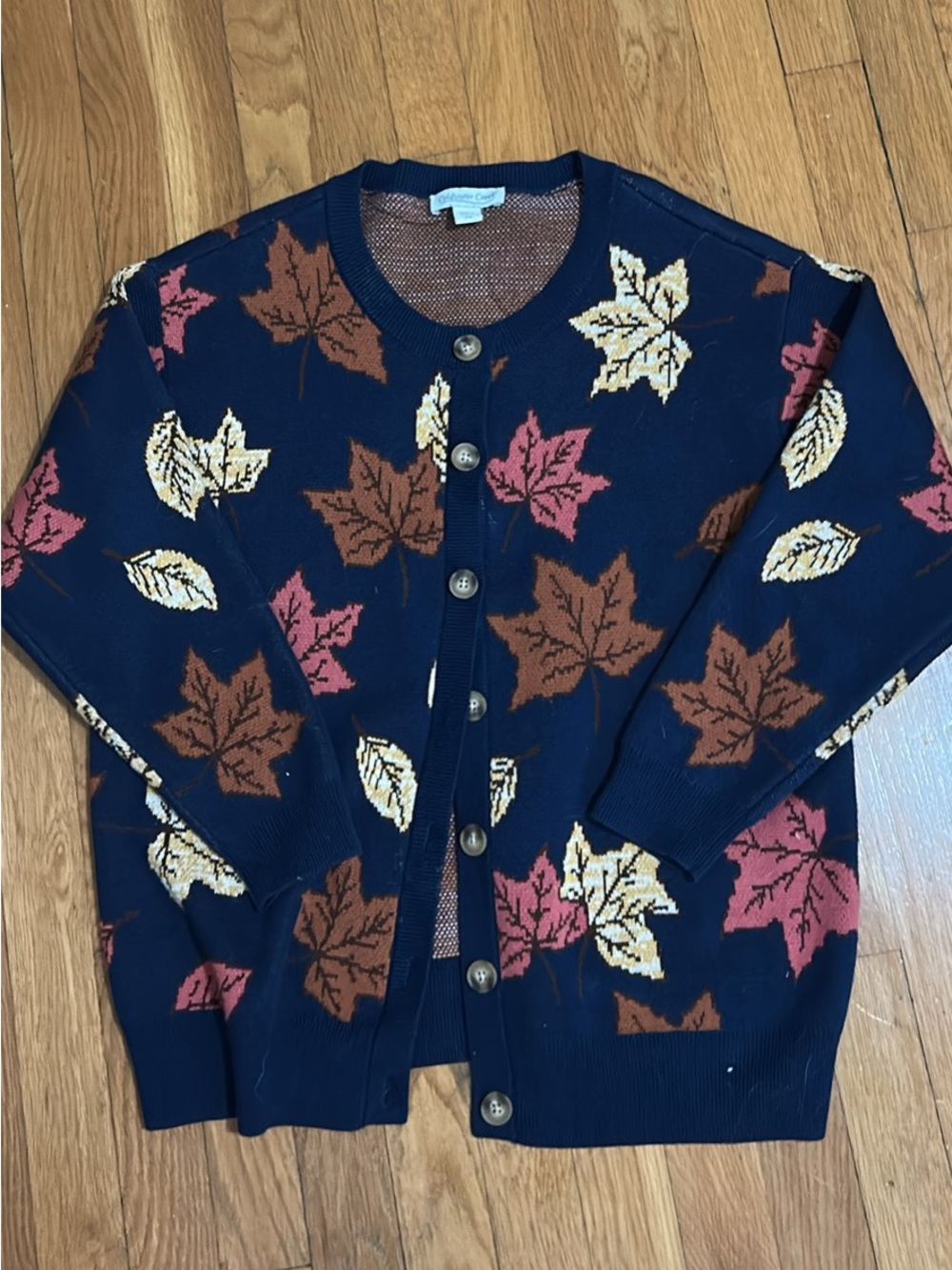 VINTAGE Navy Leaf Pattern Crewneck Cardigan Sweater - Navy